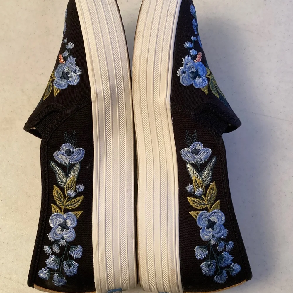 Rifle Paper Co. Keds Black Slip-On Sneakers with Blue Floral Embroidery - Picture 5 of 7